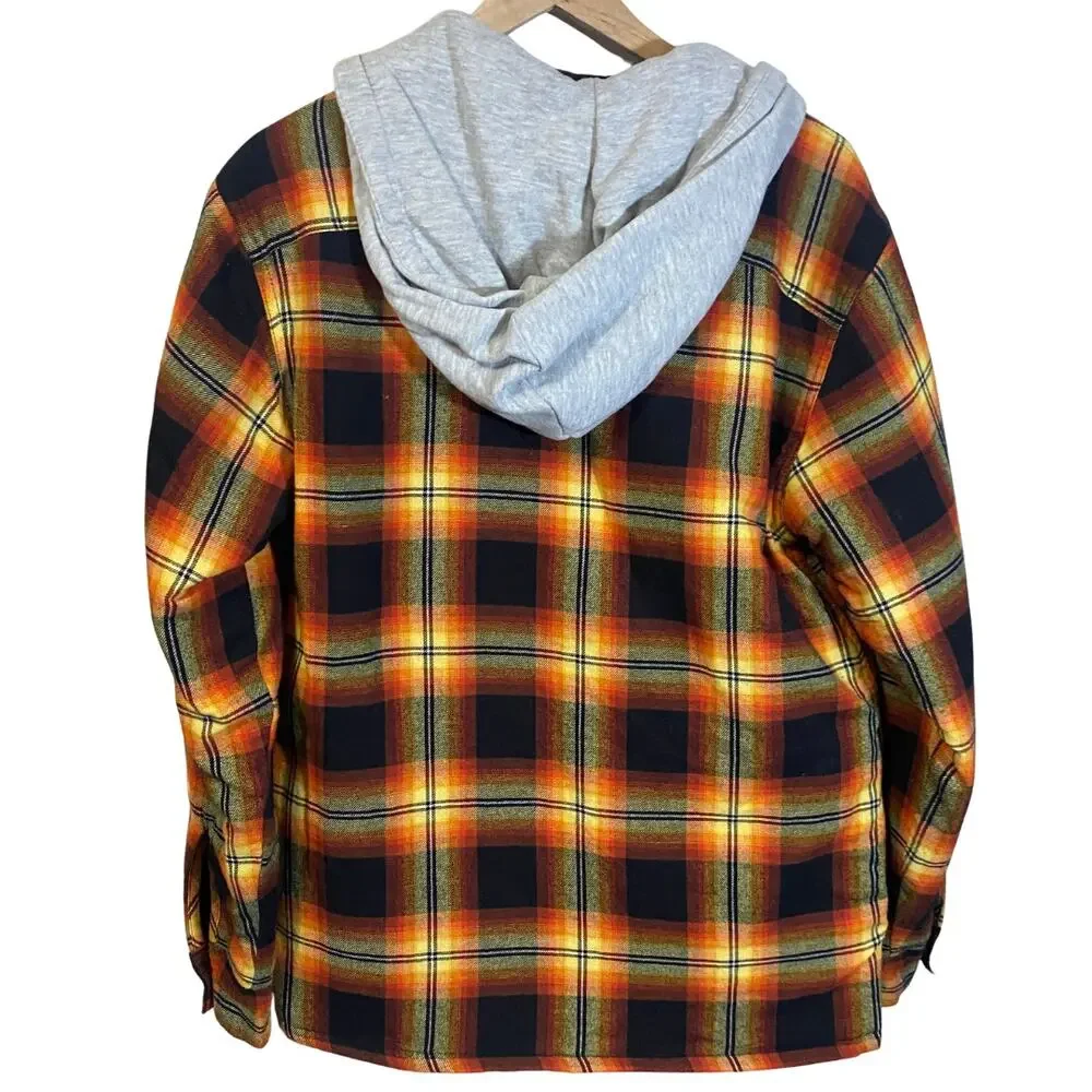 Wrangler Men's Heavyweight Hooded Shirt Jacket Shacket Plaid Yellow Orange Sz S